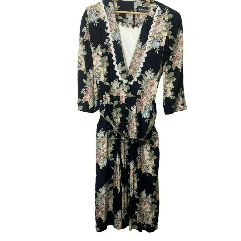 S.L. Fashions 80's Cottagecore Midi Dress Black Floral Belted Big Shoulder